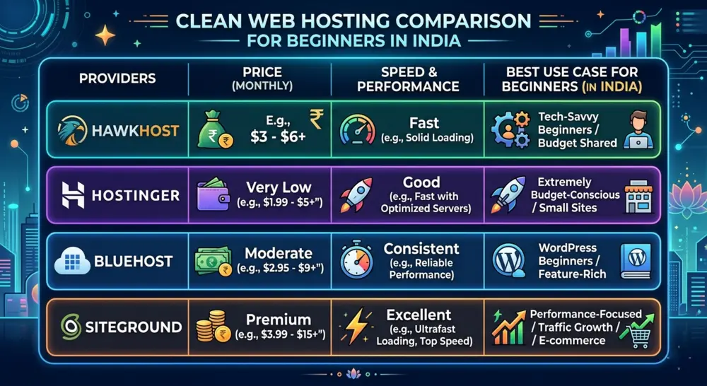clean comparison table infographic of HawkHost, Hostinger, Bluehost, and SiteGround