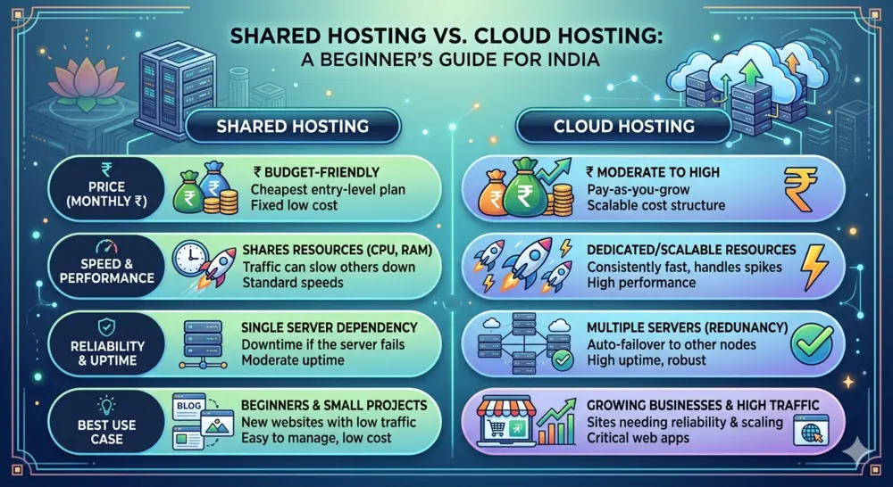 comparison infographic of Shared Hosting vs Cloud Hosting for beginners in India