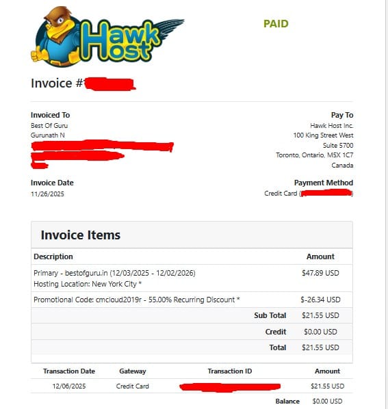 Hawkhost Web Hosting Renewal proof - hawkhost Vs Milesweb review