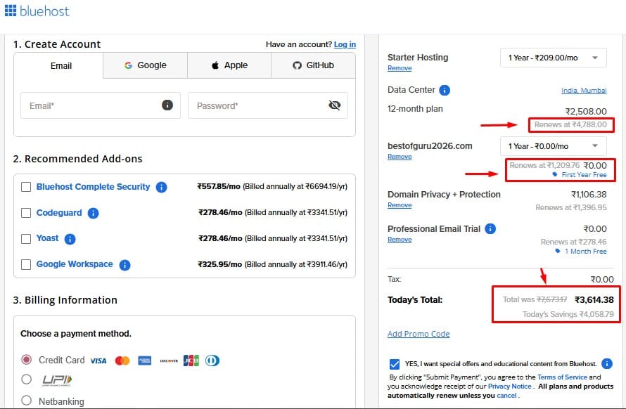 Bluehost Web hosting checkout screen