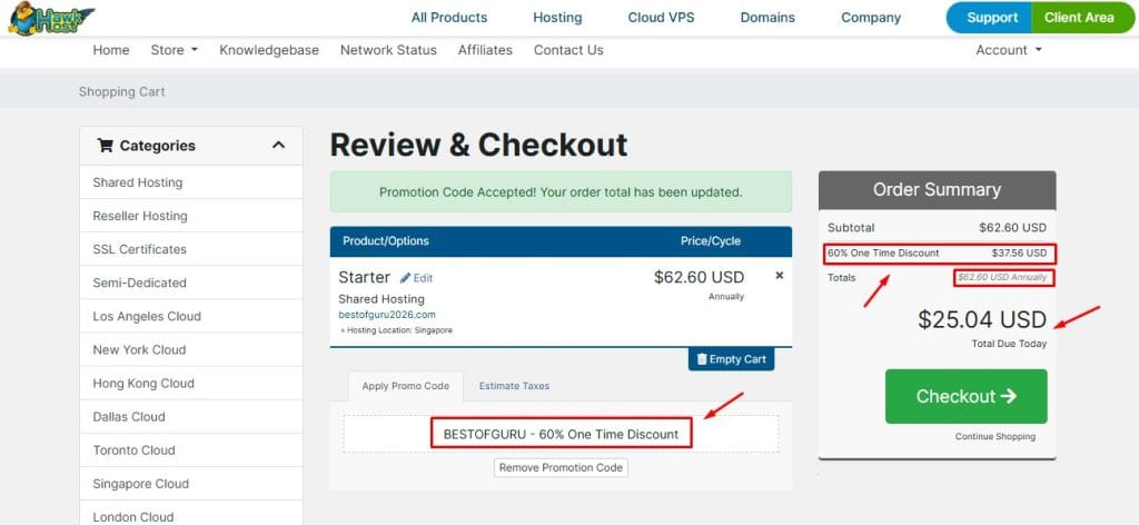 Hawkhost web hosting checkout screen - fixed renewals - affordable hosting