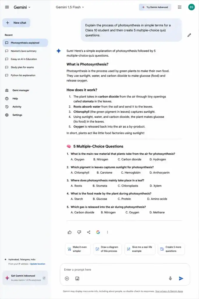 Google Gemini answering a student study prompt