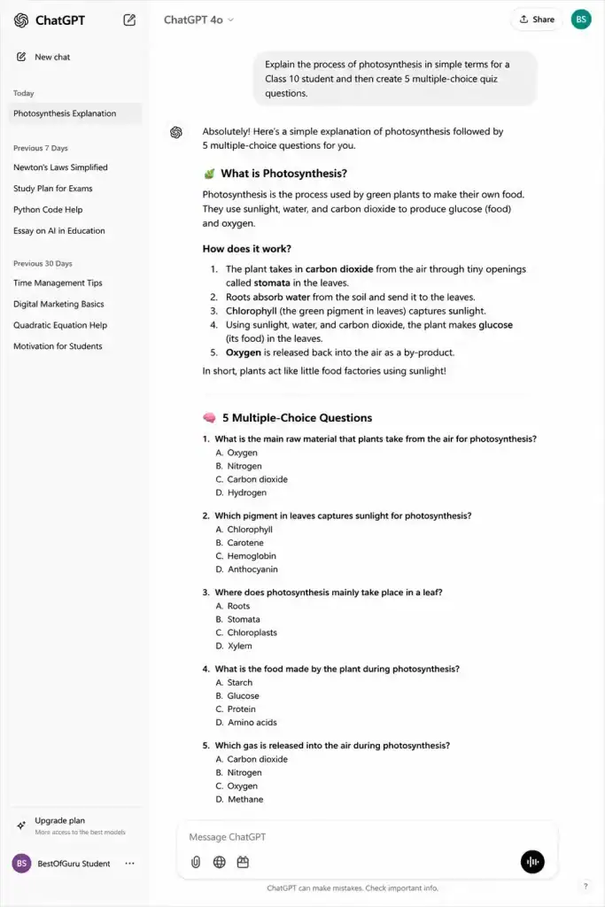 ChatGPT answering a student study prompt